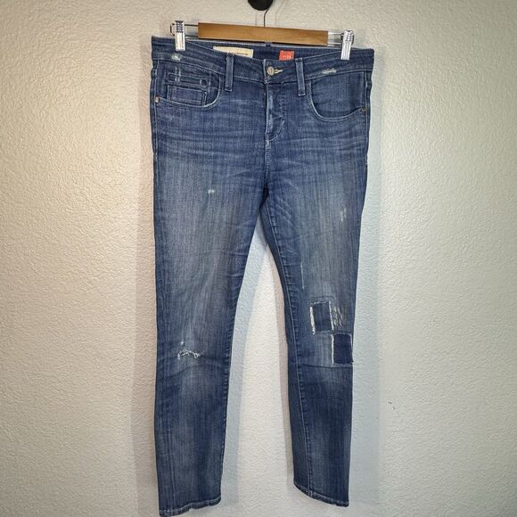 Anthro Pilcro Jeans Fit Stet Distressed Patch 28” Inseam Medium Wash Women 29 - Picture 1 of 8